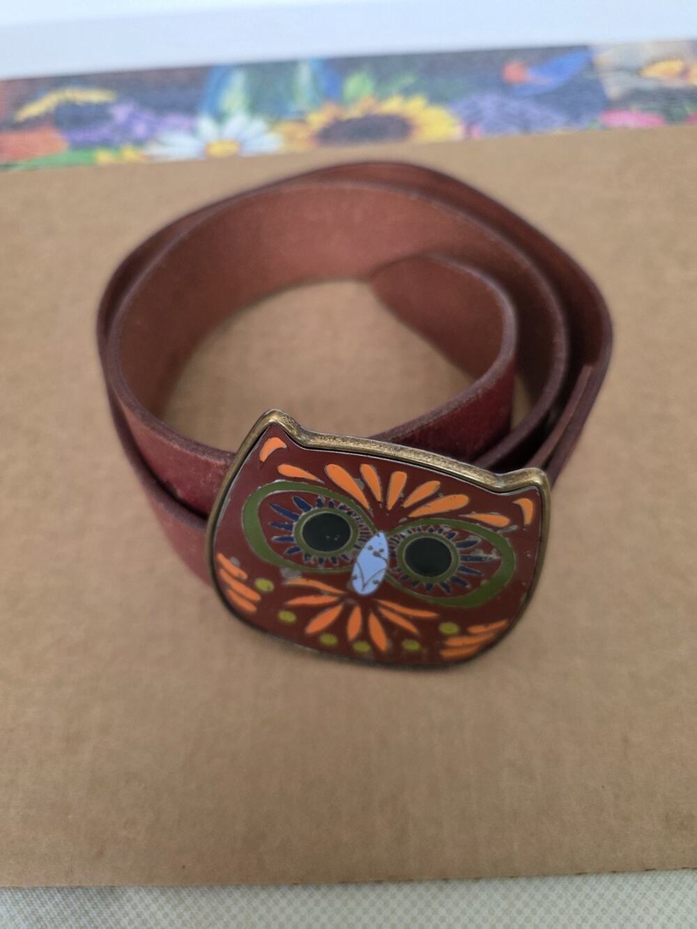 Lucky Brand Leather Belt With Owl Buckle Vintage Size 32"